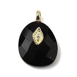 Обсидиан Природные подвески обсидиана, граненые подвески-слезинки с латунной фурнитурой из прозрачных кубических цирконий, реальный 18 k позолоченный, 18x12x6.5 мм, отверстие : 1.8 мм