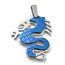 Blue & Stainless Steel Color Ion Plating(IP) 304 Stainless Steel Pendants, with Rhinestone, Dragon, Blue & Stainless Steel Color, 42x34x4mm, Hole: 12.5x4mm