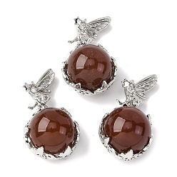 Красный Агат Натуральные сердолики (окрашенные и нагретые) круглые подвески, латунный ангел бабочка обернутый шарик драгоценные камни подвески, платина, стойки покрытие, 30.5x16.5x14 мм, отверстие : 5.5x2.5 мм