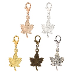 Mixed Color Maple Leaf Alloy Pendants Decorations Set, Alloy Lobster Clasp Charms, Clip-on Charm, for Keychain, Purse, Backpack Ornament, Mixed Color, 35mm, 5pcs/set