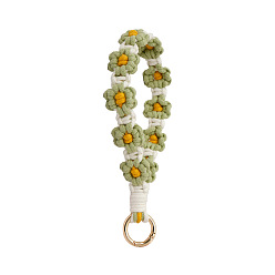 Dark Sea Green Handmade Macrame Woven Cotton Flower Pendant Decorations, Boho Weave Wristlet with Golden Tone Alloy Clasp, Dark Sea Green, 135mm