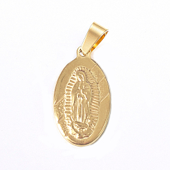 Golden 304 Stainless Steel Lady of Guadalupe Pendants, Oval with Virgin Mary, Golden, 23x14x3mm, Hole: 7x4mm