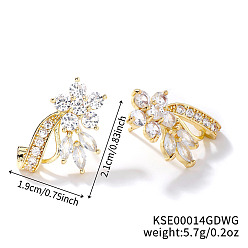 Кристалл Элегантные серьги-гвоздики в форме листьев со стразами из латуни, с тонким дизайном и сверкающими деталями, золотые, кристалл, 21x19 мм