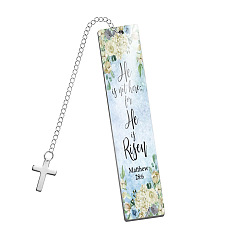 Light Blue Stainless Steel Rectangle with Bible Word Bookmarks with Cross Pendant for Book Lovers, Light Blue, 120x25mm
