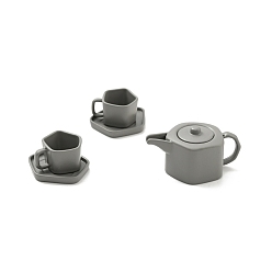 Dark Gray Mini Alloy Tea Set Display Decorations, Dollhouse Accessories, for Home Office Tabletop, Teapot, Teacup & Saucer, Dark Gray, 12~17x15~29x8.5~15mm, 5pcs/set