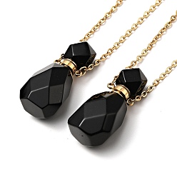Obsidian Openable Faceted Natural Obsidian Perfume Bottle Pendant Necklaces for Women, 304 Stainless Steel Cable Chain Necklaces, Golden, 18.54 inch(47.1cm)