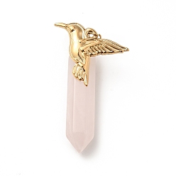Rose Quartz Bird Natural Rose Quartz Pointed Pendants, with Ion Plating(IP) Platinum & Golden Tone 304 Stainless Steel Findings, Faceted Bullet Charm, 40.5mm, Bird: 19.5x25.5x2.5mm, Bullet: 33.5x8.5x8mm, Hole: 3.4mm