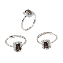 Cuarzo Ahumado Micro latón allanar anillos zirconia cúbico, Rectángulo, con cuarzo ahumado natural,, Platino, rectángulo: 10x8 mm, diámetro interior: 17 mm
