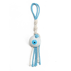 White Flat Round with Evil Eye Resin Pendant Decorations, Cotton Cord Braided Tassel Hanging Ornament, White, 180mm