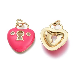 Cerise Brass Micro Pave Clear Cubic Zirconia Pendants, with Enamel and Jump Rings, Heart Lock, Real 18K Gold Plated, Cerise, 19x16x4mm, Hole: 3mm