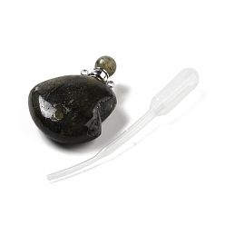 Лабрадорита Подвески для флаконов духов из натурального лабрадорита, для эфирного масла, духи, с латунными наконечниками и пипетками платинового цвета, сердце, 42x29~32x12~12.5 мм, отверстие : 1.5~1.8 мм