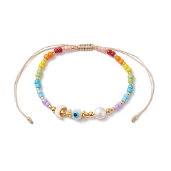 Moon Colorful Glass Seed & Brass Braided Bead Bracelet, Moon, Inner Diameter: 1-7/8~3-1/4 inch(4.8~8.4cm)