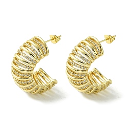Real 16K Gold Plated Brass with Cubic Zirconia Half Round Stud Earrings, Half Hoop Earrings, Real 16K Gold Plated, 29.5x14mm