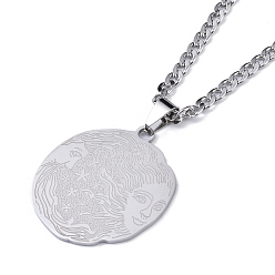 Stainless Steel Color 304 Stainless Steel Pendant Necklaces, Flat Round with Human Pattern, Stainless Steel Color, 23.46 inch(59.6cm)