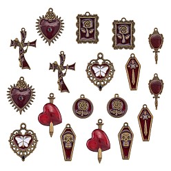 Antique Bronze 18Pcs 9 Style Halloween Alloy Rhinestone Pendants, with Enamel, for DIY Necklace Bracelet Earring Accessories, Heart with butterfly & Cross & Mirror, Antique Bronze, 30x25mm, 2pcs