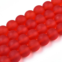 Red Transparent Glass Beads Strands, Frosted, Round, Red, 9.5~10mm, Hole: 1.5mm, about 41~42pcs/strand, 14.88~15.12 inch(37.8~38.4cm)