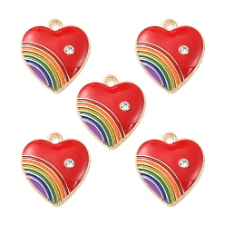 FireBrick Alloy Enamel Pendant, with Rhinestone, Heart with Rainbow Charm, FireBrick, 20x18x3.5mm, Hole: 2mm