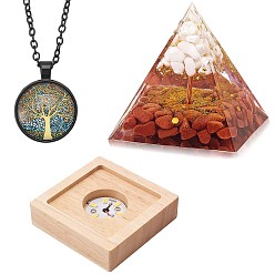 Resin Resin Orgonite Pyramid Ornaments, White Jade Blessing Pyramid Stone, with Tree of Life Necklace & LED Lamp Holder, for Home Office Decoration Gift Collection, 60x60x62mm