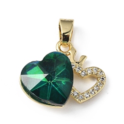 Dark Green Real 18K Gold Plated Rack Plating Brass Micro Pave Clear Cubic Zirconia Pendants, with Glass, Long-Lasting Plated, Cadmium Free & Lead Free, Heart Charm, Dark Green, 16x19.5x8mm, Hole: 5x3.2mm