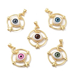 Mixed Color Opaque Resin Pendants, with Real 18K Gold Plated Tone Brass Findings, Ring with Horse Eye Charm, Cadmium Free & Nickel Free & Lead Free, Mixed Color, 33x26x7mm, Hole: 3x4.3mm