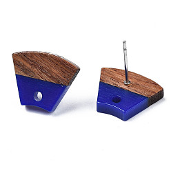 Dark Blue Opaque Resin & Walnut Wood Stud Earring Findings, with 304 Stainless Steel Pin and Hole, Two Tone, Trapezoid, Dark Blue, 12.5x15mm, Hole: 1.8mm, Pin: 0.7mm