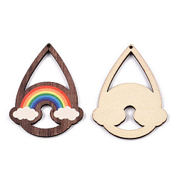Colorful Single Face Printed Basswood Big Pendants, Undyed, Teardrop Charms with Rainbow, Colorful, 55x40x2.5mm, Hole: 1.6mm