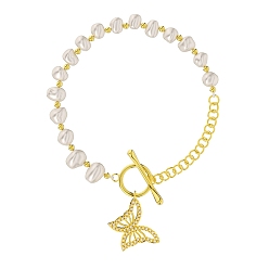 Real 14K Gold Plated Natural Freshwater Pearls Beaded Bracelets with Cubic Zirconia Butterfly Charm, 925 Sterling Silver Rolo Chains Bracelets for Women, Real 14K Gold Plated, 6-1/2 inch(16.5cm)