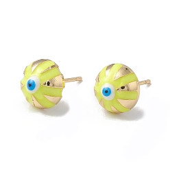 Yellow Enamel Half Round with Evil Eye Stud Earrings, Real 18K Gold Plated Brass Jewelry for Women, Yellow, 6x10x6mm, Pin: 1mm