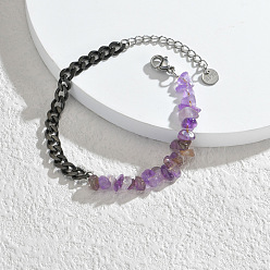 Amethyst Natural Amethyst Chips Beaded Bracelet, with Black Stainless Steel Curb Chains, 6-1/4 inch(16cm)