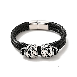 Black 304 Stainless Steel Skull Beaded Double Loops Multi-strand Bracelet with Magnetic Clasp, Gothic Bracelet with Leather Cord for Men Women, Black, 8-5/8 inch(22cm)