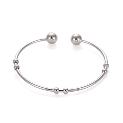 Stainless Steel Color 201 Stainless Steel Cuff Bangles, Torque Bangles, with Round Beads, Stainless Steel Color, 5.3~6x4~5.5cm