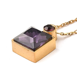 Indigo Glass Square Pendant Necklace, Real 18K Gold Plated 304 Stainless Steel Necklace, Indigo, 18.43 inch(46.8cm)