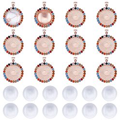 Rose Gold DIY Pendant Making, with Flat Round Alloy Rhinestone Pendant Cabochon Settings and Transparent Glass Cabochons, Rose Gold, Tray: 25mm, 43x34x3mm, Hole: 4x7mm, 12pcs/set