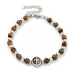 Cross 304 женские браслеты из нержавеющей стали и натурального тигрового глаза с круглыми бусинами, крестик, 7-5/8 дюйм (19.4 см)