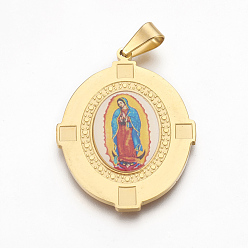 Golden 304 Stainless Steel Lady of Guadalupe Pendants, Oval with Virgin Mary, Colorful, Golden, 44x33x2.5mm, Hole: 4.5x8mm