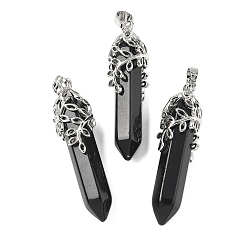 Обсидиан Природные подвески обсидиана, пулевые чары, с латунной отделкой в виде листа, без кадмия и без свинца, 44~46x11.5~12x12 мм, отверстие : 8x5 мм