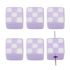 Lilac 4Pcs UV Plating Acrylic Beads, Iridescent Tartan Cube, Lilac, 14mm, Hole: 4mm