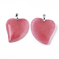 Hot Pink Natural Agate Pendants, with Platinum Plated Brass Pinch Bails, Dyed, Heart, Hot Pink, 45~46x40~43x5~8mm, Hole: 4x5mm