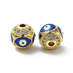 Royal Blue Brass Micro Pave Cubic Zirconia Beads, Round with Enamel Evil Eye, Real 18K Gold Plated, Royal Blue, 10x9.5mm, Hole: 1.6mm