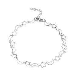Stainless Steel Color 304 Stainless Steel Star & Moon Link Chain Anklets for Men Women, Stainless Steel Color, 9-1/2 inch(24cm)