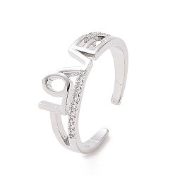 Platinum Clear Cubic Zirconia Word Love Open Cuff Ring, Brass Jewelry for Valentine's Day, Platinum, Inner Diameter: 16mm