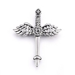 Antique Silver 304 Stainless Steel Big Pendants, Sword with Wing, Antique Silver, 61x50x8.5mm, Hole: 5x3mm