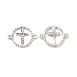 Platinum Alloy Connector Charms with Crystal Rhinestone, Nickel, Ring Links with Religion Cross, Platinum, 16x21x2mm, Hole: 1.6mm