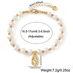 Белый Женские браслеты из натурального жемчуга и золотых бусин с овальными подвесками в виде Девы Марии., белые, длина 6.50~6.69 дюйм(16.5~17 см)