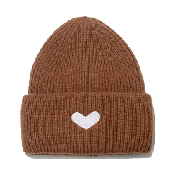Sienna Polyacrylonitrile Fiber Yarn Cuffed Beanies Cap, Heart Pattern Winter Warmer Knit Hat for Women, Sienna, 560~580mm