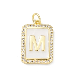 Letter M Brass Enamel Micro Pave Clear Cubic Zirconia Pendants, with Jump Ring, Real 18K Gold Plated, Rectangle Charm, Letter M, 20x13.5x2mm, Hole: 3.4mm