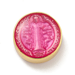 Средний Фиолетово-красный Стойки покрытие латунь эмаль бисер, без кадмия и без свинца, реальный 18 k позолоченный, плоский круглый со святым, средне фиолетовый красный, 12x7 мм, отверстие : 1.8 мм