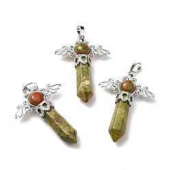 Unakite Natural Unakite Pendants, Angel Charms, with Rack Plating Platinum Tone Brass Findings, Cadmium Free & Lead Free, 52~53x37x11mm, Hole: 8x5mm