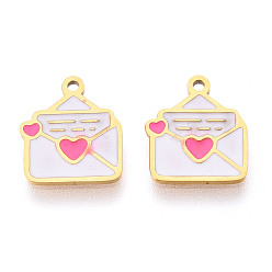Ярко-Розовый 304 из нержавеющей стали шармы эмали, конверт очарование, ионное покрытие (ip), реальный 14 k позолоченный, ярко-розовый, 12x10x0.9 мм, отверстие : 1 мм