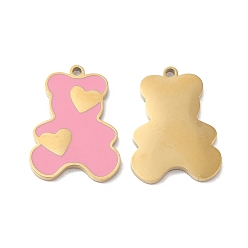 Real 18K Gold Plated Ion Plating(IP) 316L Surgical Stainless Steel Pendants, with Enamel, Bear with Heart Charm, Real 18K Gold Plated, 17x12.5x1.4mm, Hole: 1mm